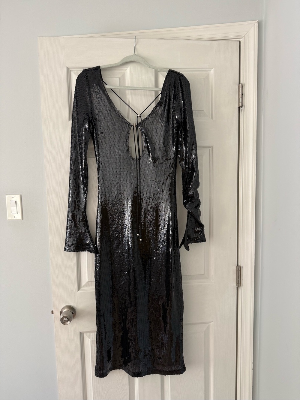 Black Sequin Long-Sleeve V-Back Dress( famous Hailey Bieber dress but in black )